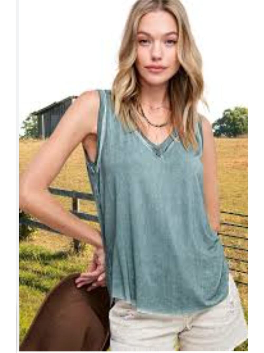 La Miel Mineral Wash Teal V-Neck Tank